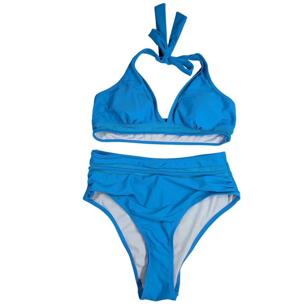 AIMAGE Womens Blue Halter High Waist Bikini Two Piece Swimsuit Set Small